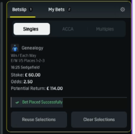 A bookie betslip: Genealogy, the second part of the stake, bet placed successfully.