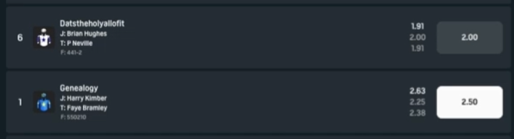 The bookie's prices: Genealogy at 2.50 and Datstheholyallofit at 2.00.