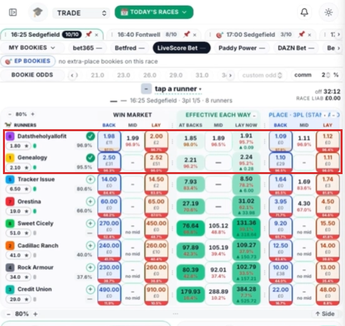 The Engine at the same moment with both runners boxed: effective each-way lays of 2.24 and 1.91.