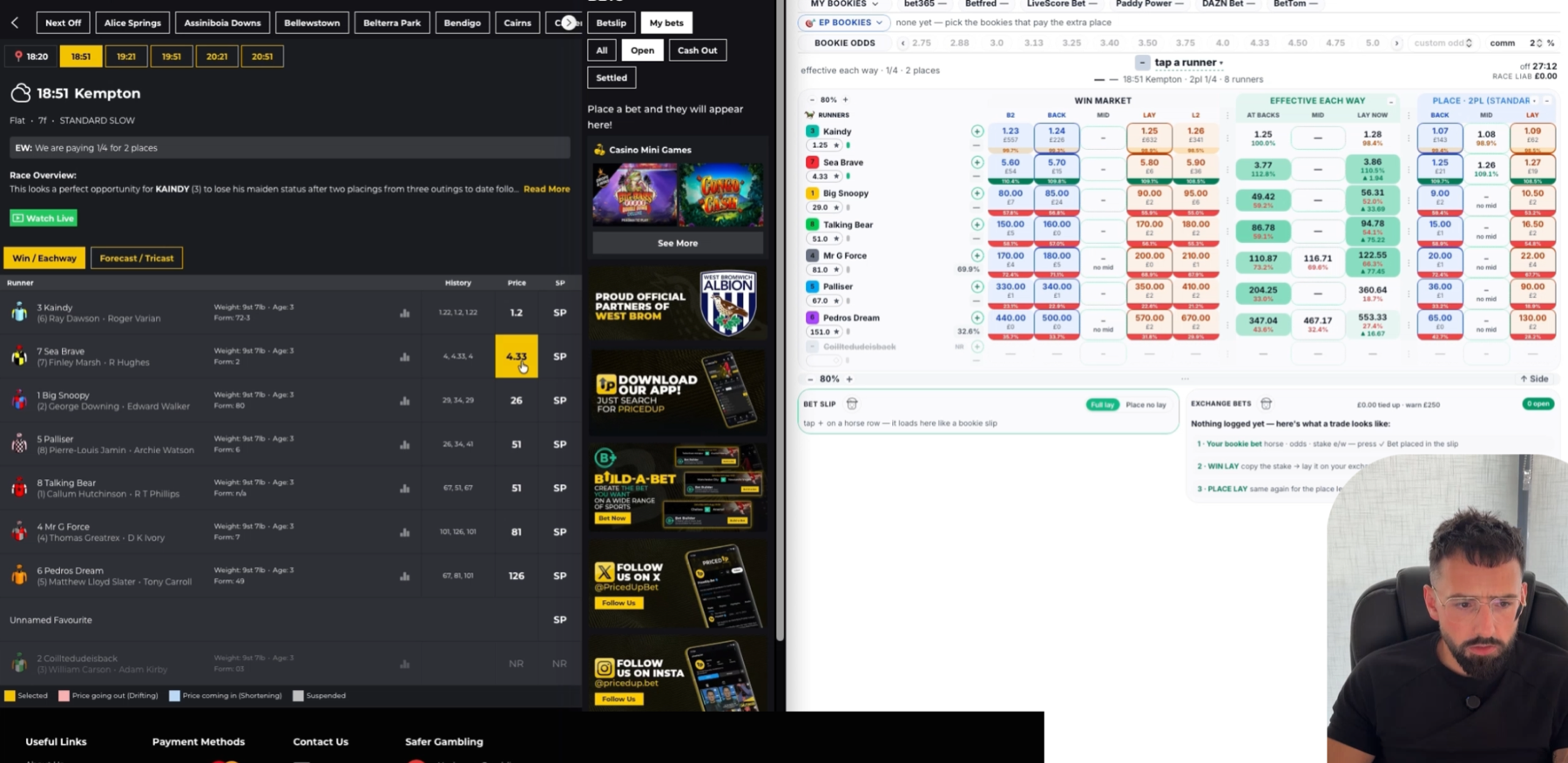 Two windows side by side: the bookie's each-way market for the 18:51 at Kempton on the left, with Sea Brave at 4.33, and the MatchedPro Engine on the right showing an effective each-way lay of 3.86.