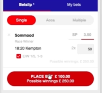 A second bookie's betslip: Sommood at 3.50, £50 each way, about to be placed.